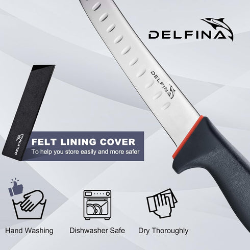 DELFINA Curved Breaking Knife 8 inch W/Sheath & SoftGrip Handle, Butcher Breaking Knife For Meat Cutting, High Carbon Japanese Steel ?8 inch?...