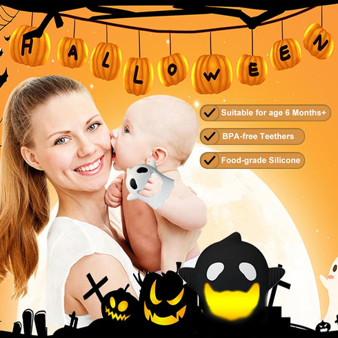 Never Drop Teething Toys for Babies, Baby Mitten Silicone Teether for Soothing Teething, Baby Chew Toys (Halloween Ghost- White)...