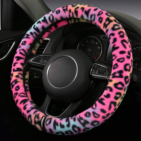 Fluffy Steering Wheel Cover for Women,Girly,Fuzzy Steering Decor,Plush, Leopard Print,Sweat-Absorb,Universal 15 Inch,Red (Fluffy-Leo)...