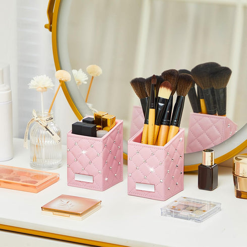2 Pcs Makeup Brush Holder Crystal Bling Brushes Cup PU Leather Waterproof Glitter Makeup Holder for Women Girls Travel Cosmetic Storage Organizer ...