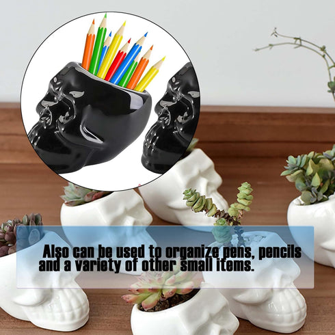 2PCS White and Black Skull Succulent Planter Pots Set, Creative Plant Lover Gifts Cactus Plant Pot Pen Pencil Holder for Home Office Decor (Black ...