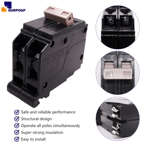 2-Pole 60 Amp Circuit Breaker 120/240V 3/4-Inch Fit for Cutler Hammer Thermal Magnetic Protection Plug-On Molded Case...