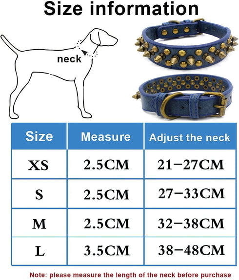 Spiked Studded Dog Collar, Adjustable Soft Leather Puppy Collar for Small Medium Dogs Bulldog Pitbull Mastiff Poodle Boxer (M, Blue)...