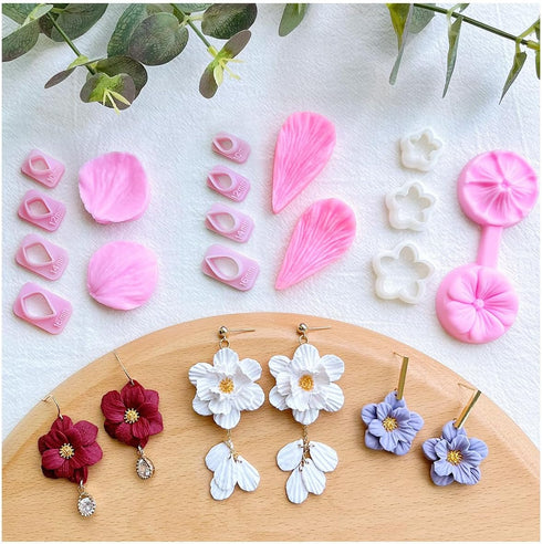 Keoker Flower Petal Clay Cutters - Polymer Clay Cutters for Earrings Making, 4 Shapes with Polymer Clay Petal Press Mold, Clay Cutters for Polymer...