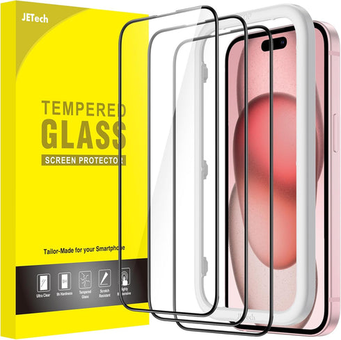 JETech Full Coverage Screen Protector for iPhone 15 6.1-Inch, Black Edge Tempered Glass Film with Easy Installation Tool, Case-Friendly, HD Clear,...