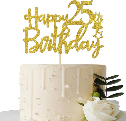 Gold Happy 25th Birthday Cake Topper,Hello 25,Cheer to 25 Years, 25 & Fabulous Party Decoration...