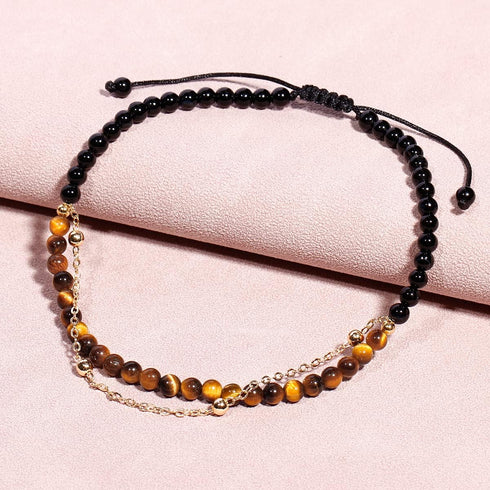 Jewever Layered Tiger Eye/Black Agate Anklet Bracelet for Women 14K Gold Plated Chain Anti-Anxiety Yoga Meditation Beach Foot Jewelry...