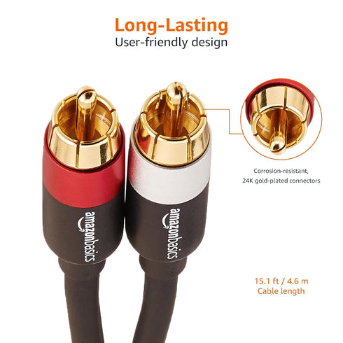 Amazon Basics 2 RCA Audio Cable for Amplifier,Active Speakers or Subwoofer with Gold-Plated Plugs, 15 Feet, Black...