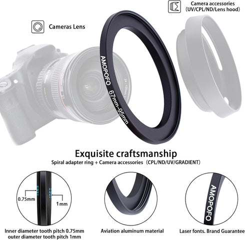 67mm Lens to 95mm Camera Filter Ring,Compatible with All 67mm Camera Lens & 95mm UV,ND,CPL Lens Hood Accessories,Made of CNC Machined Aluminum(67-...