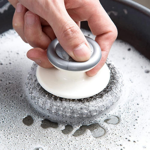4Pcs Stainless Steel Wool Scrubber with Handle, Dish Scrubber Cleaning Supplies for Pots, Pans, Grills, Dishes...