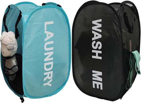 2Pack Mesh Pop Up Laundry Hamper, Foldable Laundry Basket with Side Pocket for Nursery Room, Laundry Room, Travel, Cruise (Black+Blue)...