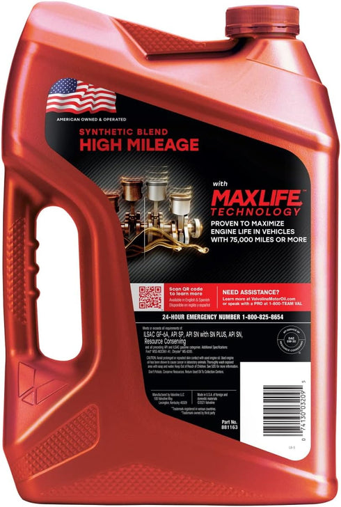 Valvoline High Mileage with MaxLife Technology SAE 5W-30 Synthetic Blend Motor Oil 5 QT...