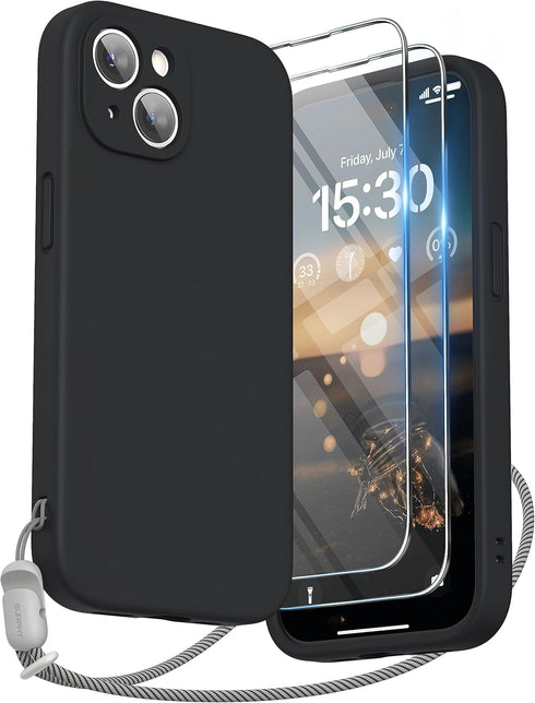 SURPHY Designed for iPhone 15 Case with Screen Protector and Lanyard, Phone Strap and Liquid Silicone Phone Case (Camera Protective + Soft Microfi...