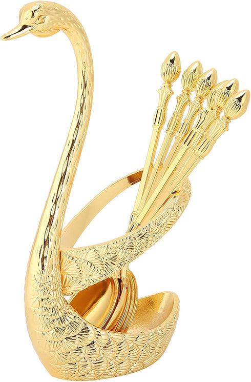 Coffee Spoon Set, 6pcs Stainless Steel Mini Dessert Teaspoons Flatware Creative Espresso Tableware with Swan Base Holder Organizer Household Decor...