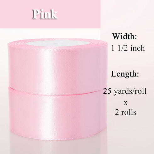 ATRBB 1 1/2 Inch Pink Satin Ribbon, 50 Yards Solid Fabric Ribbon for Gift Wrapping, Bouquets, Wedding and Home Decor, 25 Yards/roll x 2 Rolls...