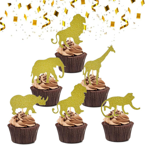 30 Pack Gold Glitter Jungle Safari Animal Cake Cupcake Toppers Cupcake Picks Decorations for Jungle Safari Animal Themed Baby Shower Birthday Part...