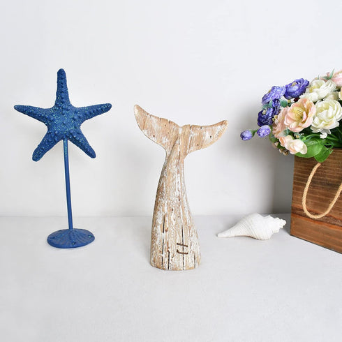 Nautical Home Decor Wood Whale Tail Tabletop Statue Decorative Rustic Sculpture Ocean Beach Coastal Themed Figurine Whale Ornament Bathroom Shelf ...