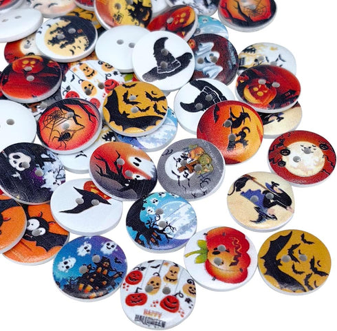 Chenkou Craft 100pcs Mix Halloween Wood Buttons Wizard Pumpkin Lantern Ghost Spider Skull Castle Sewing Craft 2 Holes (3/4"(20mm), Multi-color)...
