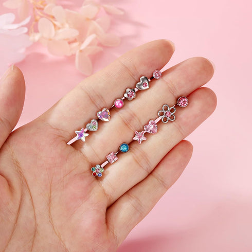 14 Pairs Surgical Steel Screw Back Earrings Sets Hypoallergenic Screw Back Stud Earrings Cute Heart Tiny CZ Flower Pink Stud Earrings for Women...
