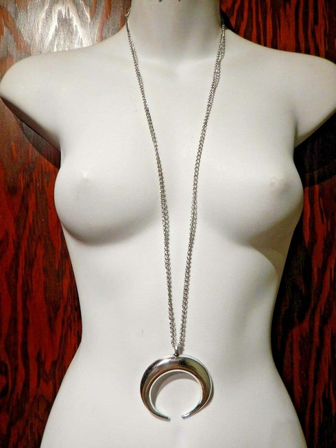 Oversized Silvertone Crescent Moon Pendant on Long Chain Necklace Gothic Occult Wiccan...
