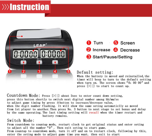 LEAP Chess Clock Digital Chess Timer Professional for Board Games Timer with Alarm Function Black (Official Store)...