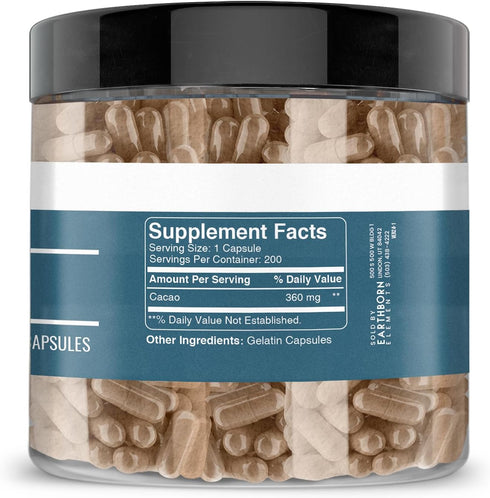 Earthborn Elements Cacao (Cocoa) 200 Capsules, Pure & Undiluted, No Additives...