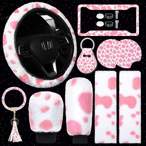 10 Pieces Cow Print Car Accessories Set Cow Fluffy Plush Steering Wheel Cover Shift Cover Handbrake Cover Pad Cup Seat Belt Pad Bracelet Key Chain...