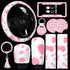 10 Pieces Cow Print Car Accessories Set Cow Fluffy Plush Steering Wheel Cover Shift Cover Handbrake Cover Pad Cup Seat Belt Pad Bracelet Key Chain...