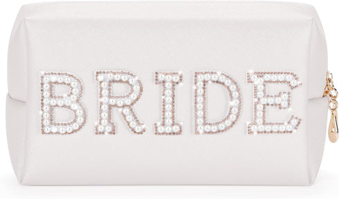 Etercycle Bride Letter Makeup Bag, Bride To Be Gifts Bling Pearl Rhinestone Patch Cosmetic Bag, Waterproof PU Travel Toiletry Bag for Bachelorette...