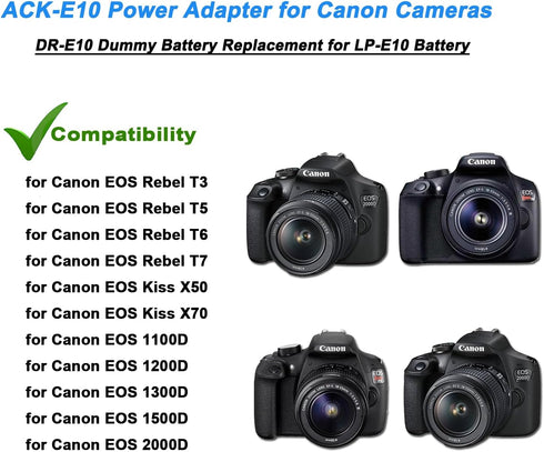 TKDY LP-E10 EOS Rebel T7 Dummy Battery ACK-E10 Continuous Power Supply DR-E10 DC Coupler Kit for Canon EOS T7 T6 T5 T3, Kiss X50 X70 X80 X90, EOS ...