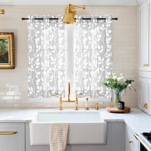 XTMYI Light Grey Small Window Curtain Panels for Bathroom,Grommet Leaf Striped Pattern Design Sheer Half Short Curtains for Bedroom Kitchen Set,Gr...