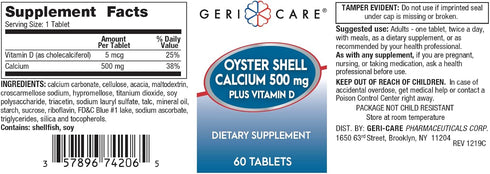 GeriCare Oyster Shell Calcium 500mg + Vitamin D, Bone Health, Nutritional Supplement Tablets, 60 Count (Pack of 1...