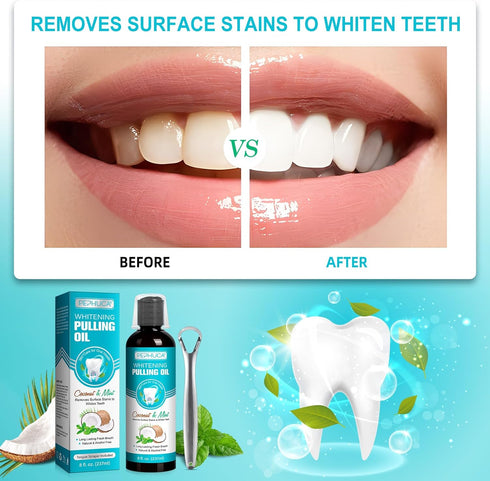 Oil Pulling - Coconut & Mint Oil Pulling Mouthwash with Tongue Scraper, Alcohol Free, Natural Organic Essential Oil for Mouth, Bad Breath Cleaner,...
