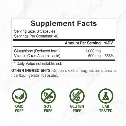 Glutathione Supplement 1,000mg Per Serving, 98% Purity | Plus Vitamin C 500mg, Active Reduced Form (GSH) | Intracellular Antioxidant – Supports De...