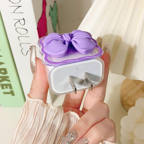 Compatible for iPhone 18W/20W USB-C Charger Cover Clear Lovely 3D Bowknot Waves Design Soft Charger Protector Cute Cable Case Saver Protector for ...