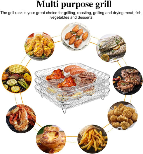 8" Air Fryer Rack for Air Fryer, Stainless Steel Three-Layer Air Flow Rack with Rus-tproof Oil Brush Food Clip,Air Fryer Accessories Fit all 5.8QT...