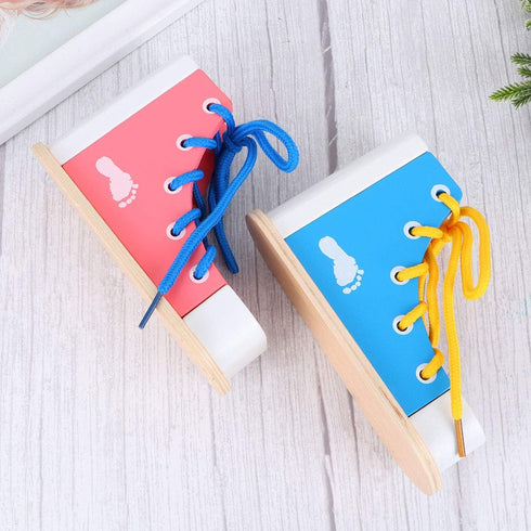 STOBOK 2pcs Wood Lacing Sneaker Learn to Tie Shoes Tie-Up Shoe Threading Toy Montessori Educational Toys (Blue + Pink)...