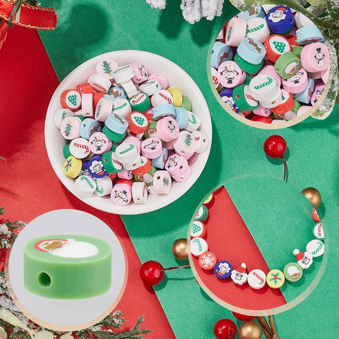 1 Box 300Pcs Christmas Polymer Clay Beads Holiday Clay Beads Winter Theme Santa Socks Tree Snowman Green Tone Spacer Bead for Jewelry Making Suppl...