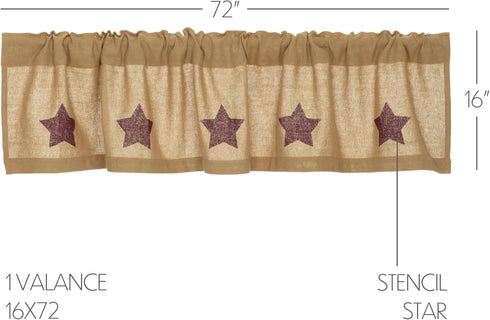 Burlap Natural with Burgundy Stars Primitive 16"x72" Valance Tan Rod Pocket Stenciled Cotton Kitchen Window Curtains...