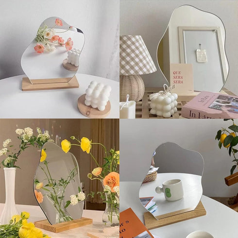 Irregular Aesthetic Vanity Mirror Frameless, Decorative Desk Tabletop Acrylic Mirrors with Wooden Stand for Living Room, Bedroom, Office and Minim...