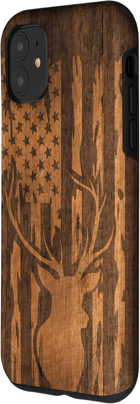 iPhone 11 Deer Buck with Flag on Wood-like Background Case...