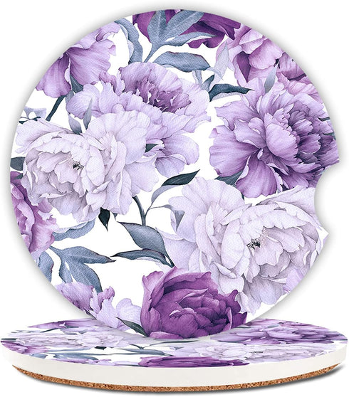 Purple Floral Cup Holders Car Coasters Set for Women Girl,Pretty Design Keep Cup Holders Clean and Dry,Drink Cup Car Holder Coasters with A Finger...