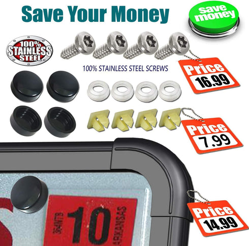 PRUST Anti Theft License Plate Frame- Black Silicone Car Plate Holder and Stainless Steel Tamper-Proof Screws kit, with License Plate Mounting Har...