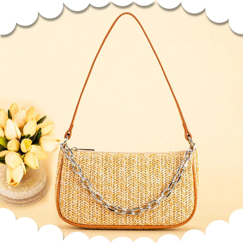 Straw Bag, Beach Bag, Hand-Woven Soft Handbag Underarm Bag With Decorative Chain, Bohemian Summer Bag Suitable for Vacation Travel Daily(Khaki)...