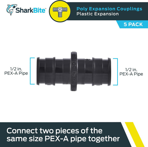 SharkBite 1/2 Inch Poly Expansion Coupling for PEX-A Pipe, Pack of 5, Plastic Plumbing Fittings, Plastic Coupling for PEX-A Tubing, UA008A5...