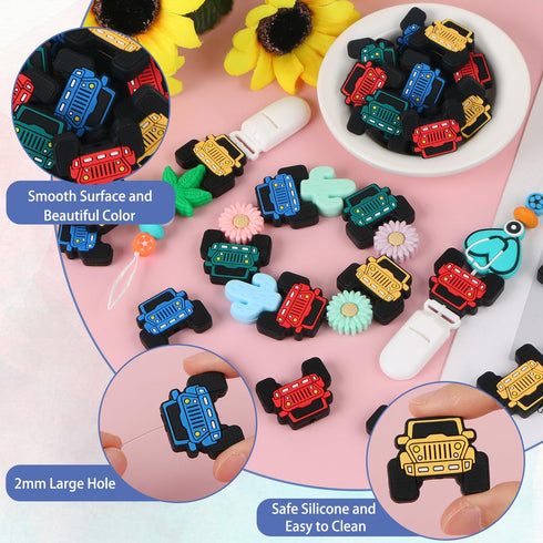 16 Pcs Truck Silicone Beads, EVERMARKET Cars Silicone Focal Beads for Pens, Cute Truck Silicone Beads Bulk, Rubber Loose Spacer Beads for Keychain...