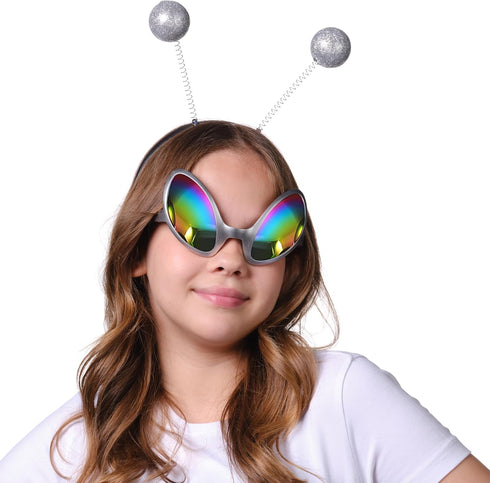 Cheerin Silver Alien Headband and Glasses - Martian Antenna Headband - Glitter Ball Head Boppers - Space Theme Costume - Alien Costume Accessories...