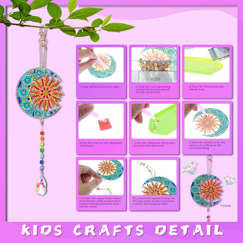 Enjoy Myself Diamonds Paintings Suncatcher,5 Pcs DIY Wind Chimes Diamond Arts and Crafts Gifts,Double Sided 3D Rhinestone Hanging Ornament for Win...