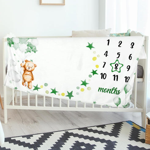 Sleeping Bear Monthly Baby Milestone Blanket Bear Star Balloon Flannel Blanket Boy Newborn Infant Swaddle Blanket Growth Chart Baby Blanket with F...