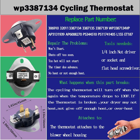 3387134 Dryer Thermostat 3977393 & 3392519 Thermal Fuse 3977767 high-Limit Thermostat Compatible Whirlpool Kenmore Roper maytag Estate Inglis Crosley Amana kitchenaid, Figure 6 is Compatible Model.